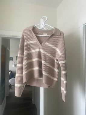 Gentle Fawn Taupe and Cream Striped V-Neck Collared Sweater